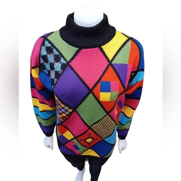 Simon Chang 100% Wool Geometric Turtleneck Sweater Size Small - Picture 2 of 8
